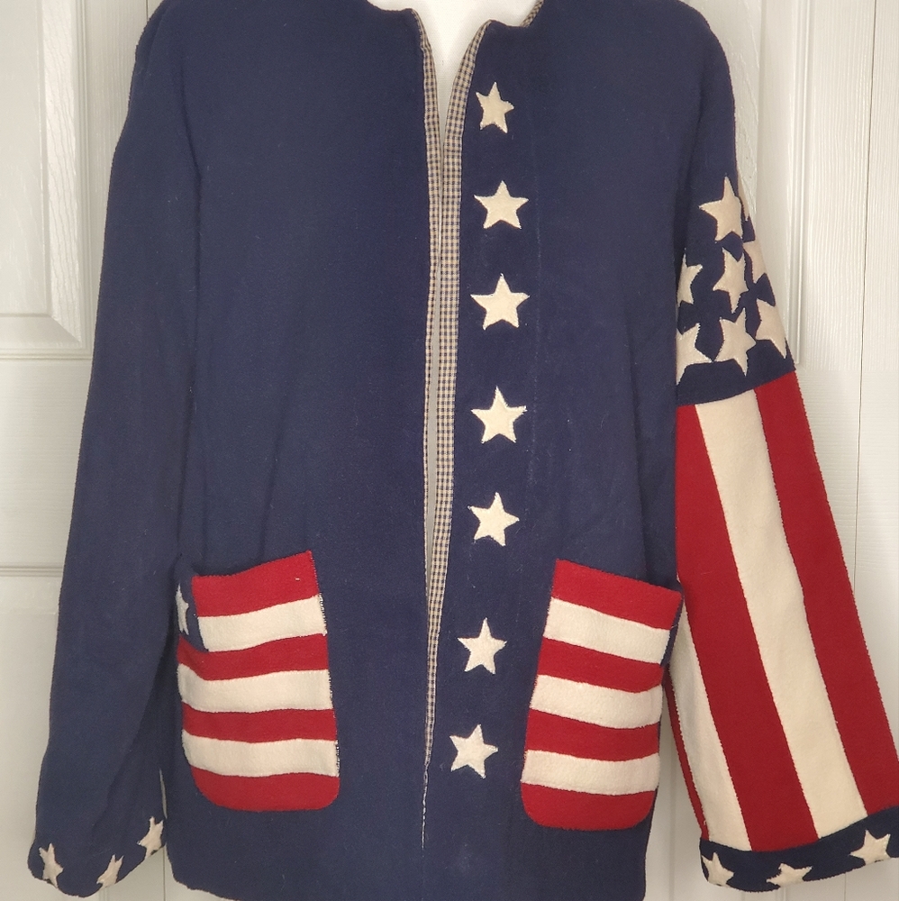 Patriotic USA Country Fleece Jacket Pockets Holiday Cottagecore Grannycore Vtg
